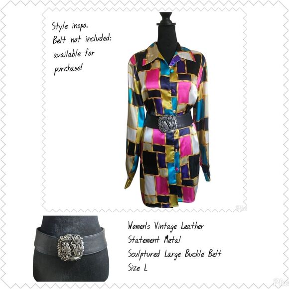 Vintage Christie & Jill Colorful Colorblock Satin Button-down Long Blouse Size M - Picture 4 of 6